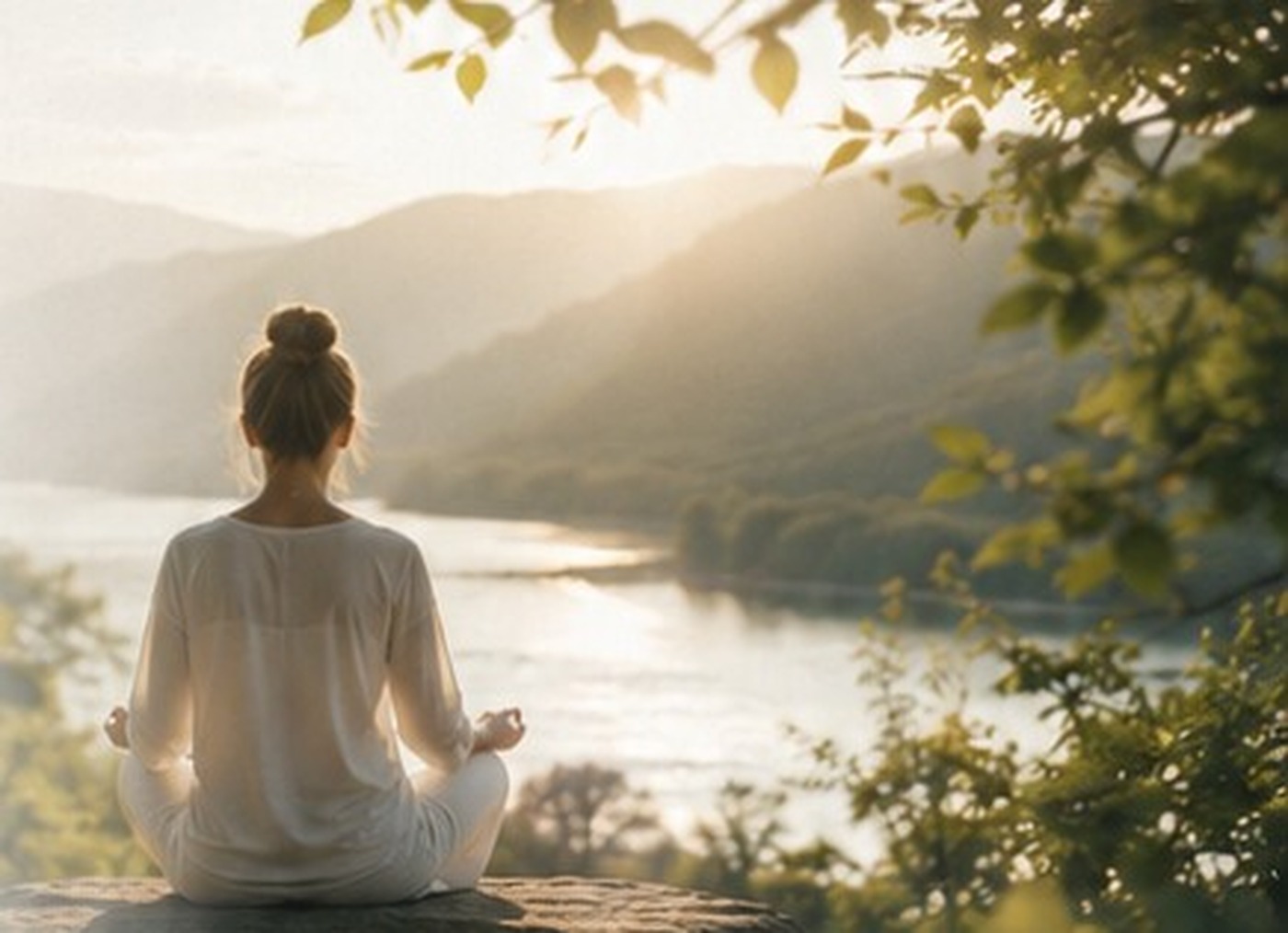 Calm lake and mountain scene with a person sitting peacefully by the water