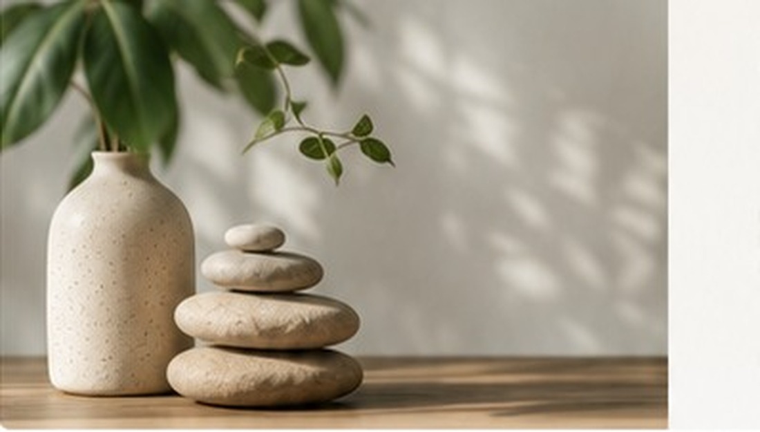 A calm still life with stacked stones, a vase and green leaves